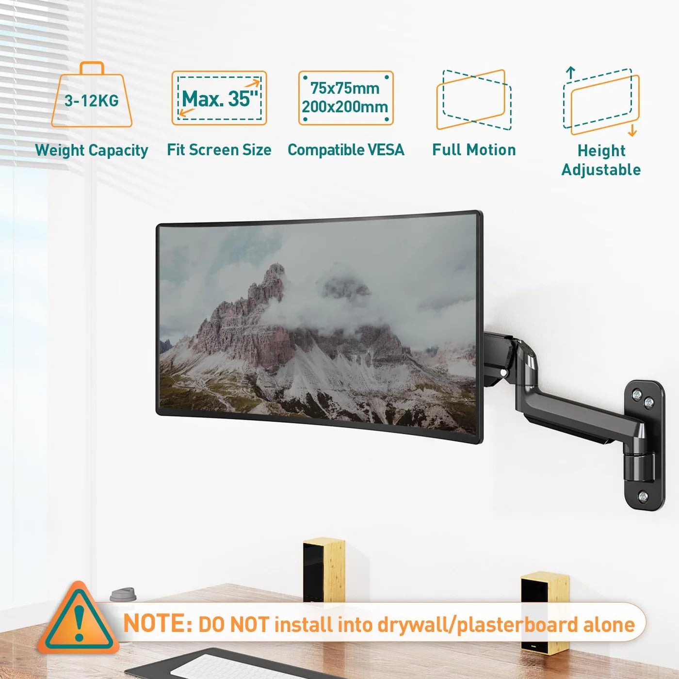Monitor Arm Wall Mount 13 - 32 Inch Gas Spring Heavy Duty VESA 75 100 ELIVED