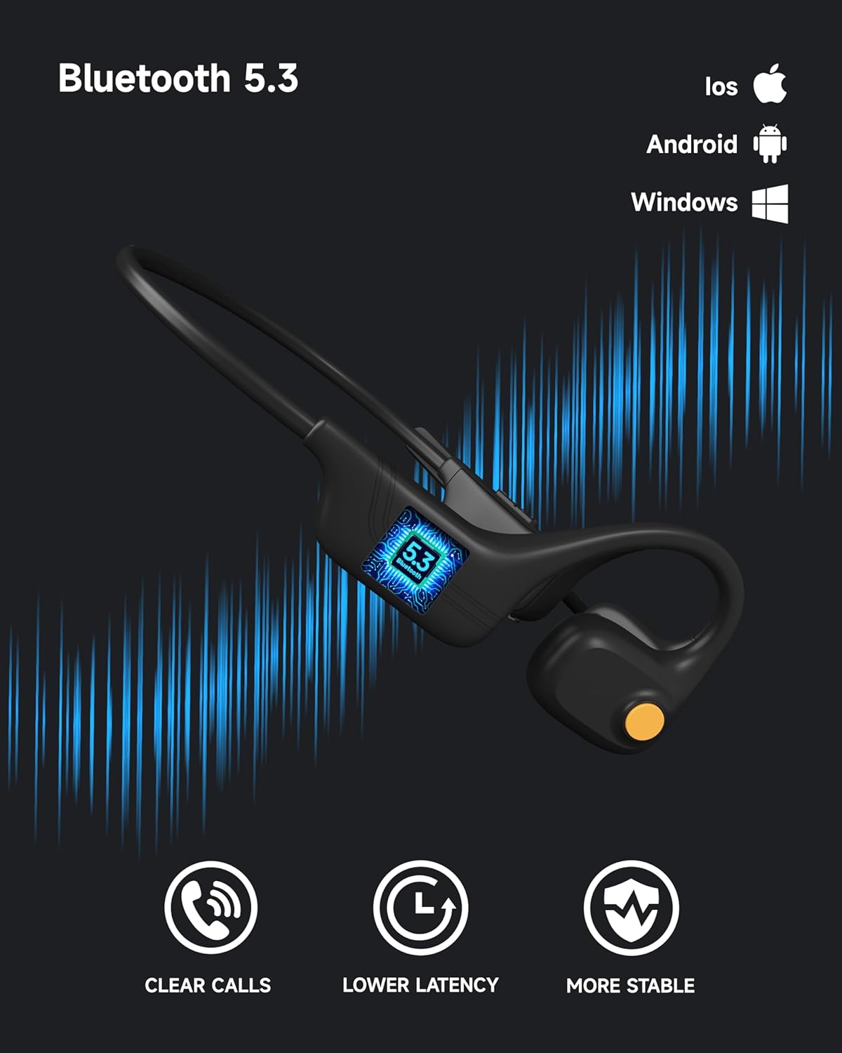 Black Bluetooth headset with blue LED indicator on a dark background with sound wave graphics.