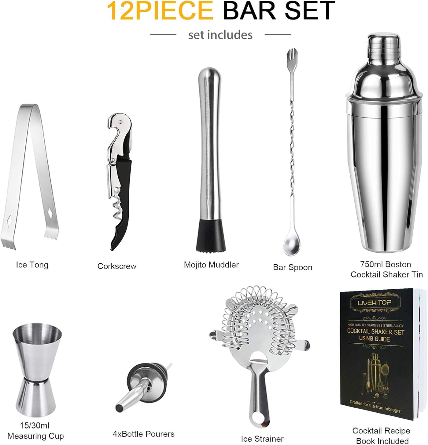 LIVEHITOP 750 ML Cocktail Shaker, Set 12 Pieces, Professional Bartender Kit