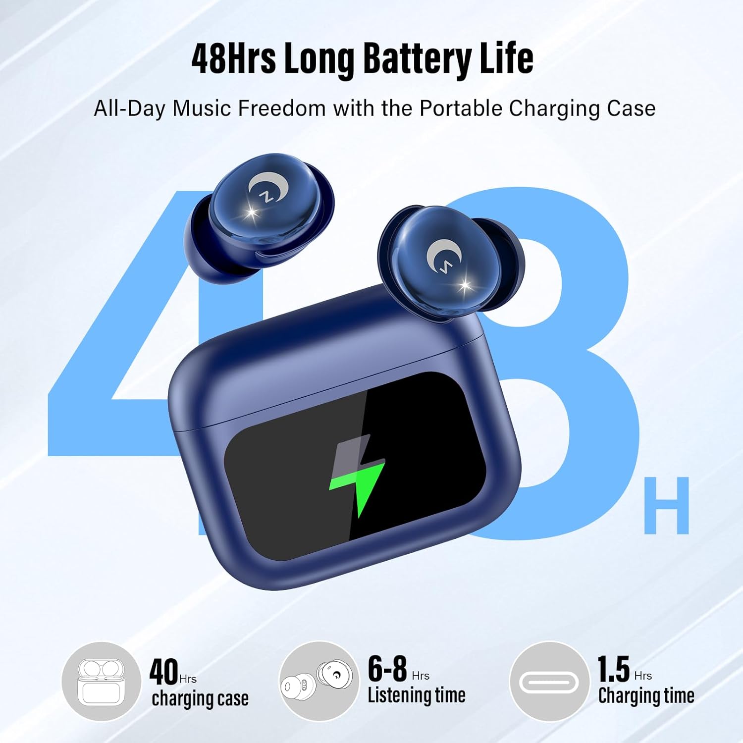 Blue wireless earbuds with charging case on a light blue background, highlighting battery life and features.