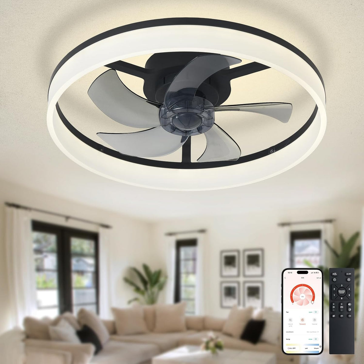 Ceiling Fan with Light 20 Inch LED Dimmable App Remote  Black Depuley Bladeless