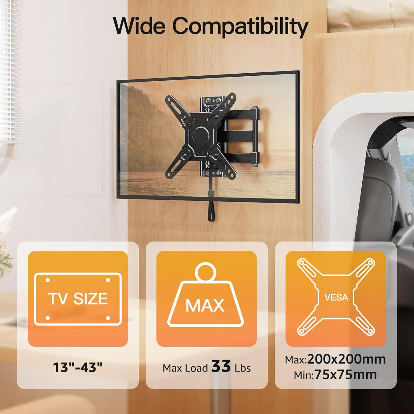 RV TV Mount 13-43 Inch Full Motion Lockable VESA 200x200 ELIVED