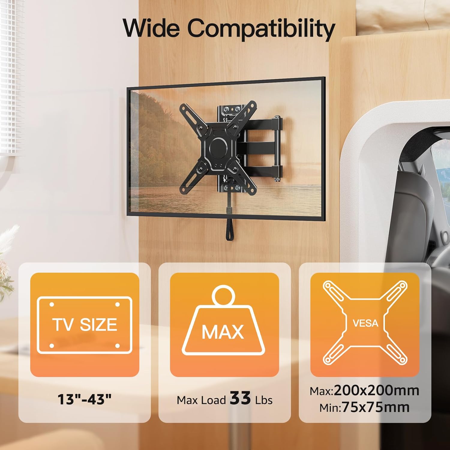 RV TV Mount 13-43 Inch Full Motion Lockable VESA 200x200 ELIVED
