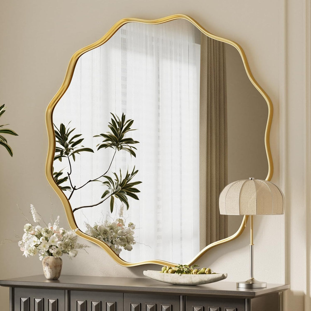 Round Wall Mirror 90cm Gold Wavy Frame Decorative Modern Home Decor Koonmi Mirror
