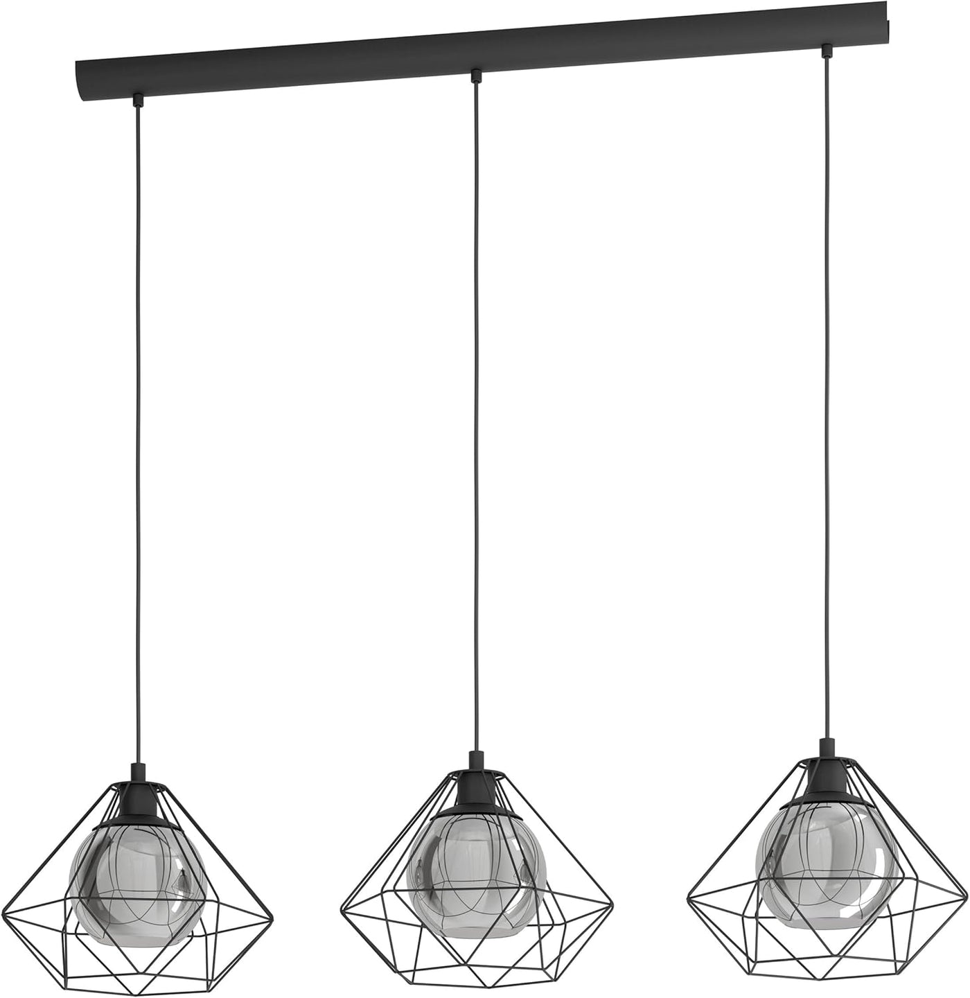Pendant Light 3 Light Vintage Industrial Smoked Glass E27 Black Eglo Vernham