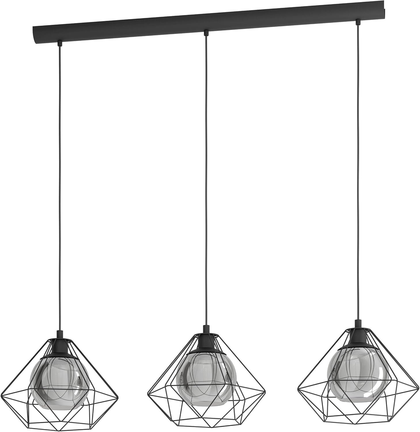 Pendant Light 3 Light Vintage Industrial Smoked Glass E27 Black Eglo Vernham