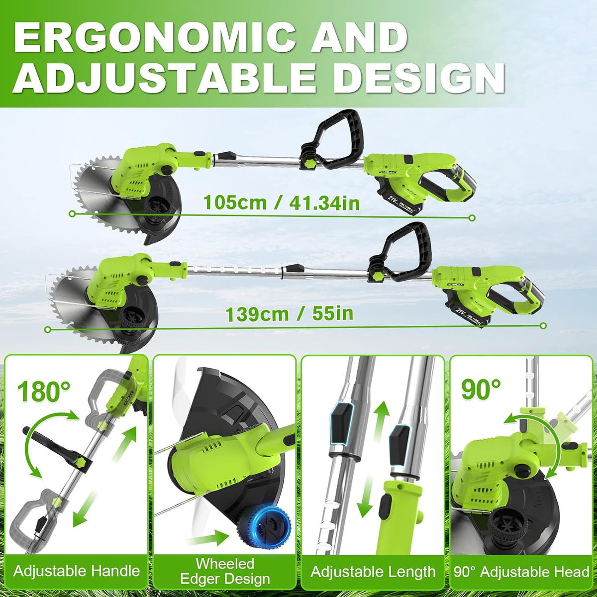 Cordless Brush Cutter Lawn Mower 2x2000mAh Batteries 6 Metal Blades VOERJIA Garden