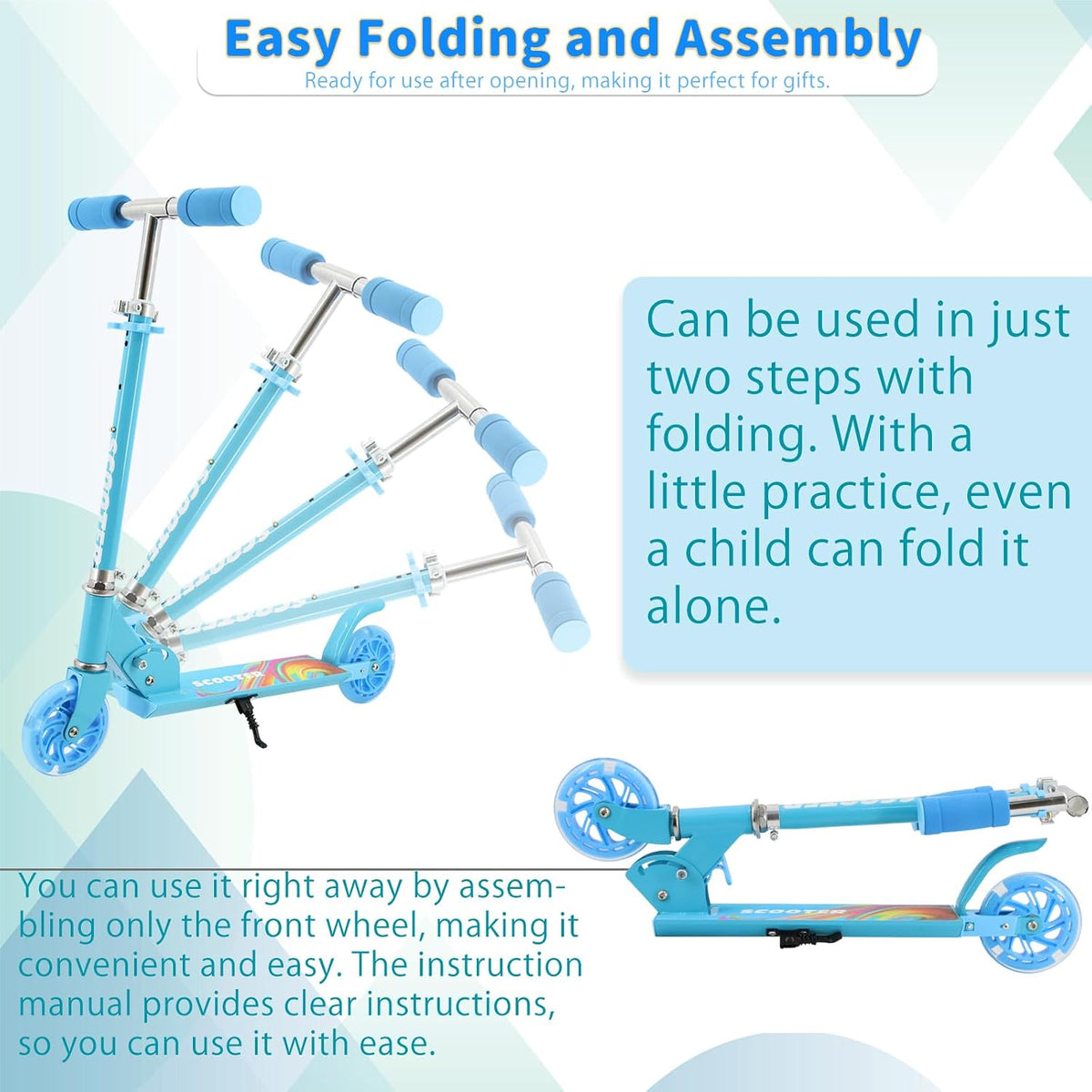 Kids Scooter 2 Wheel Light Up Folding Adjustable Handlebar Rear Brake TENBOOM