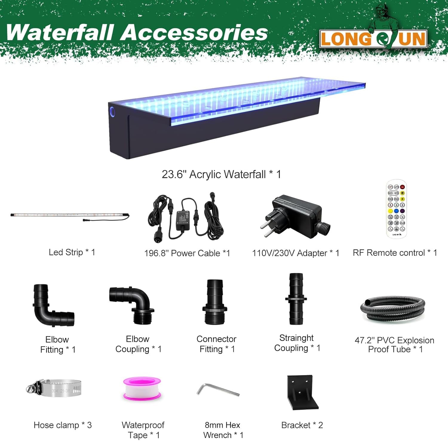 LONGRUN 60cm Acrylic Pool Fountain, Bluetooth Control, 7-Color LED Waterfall Kit