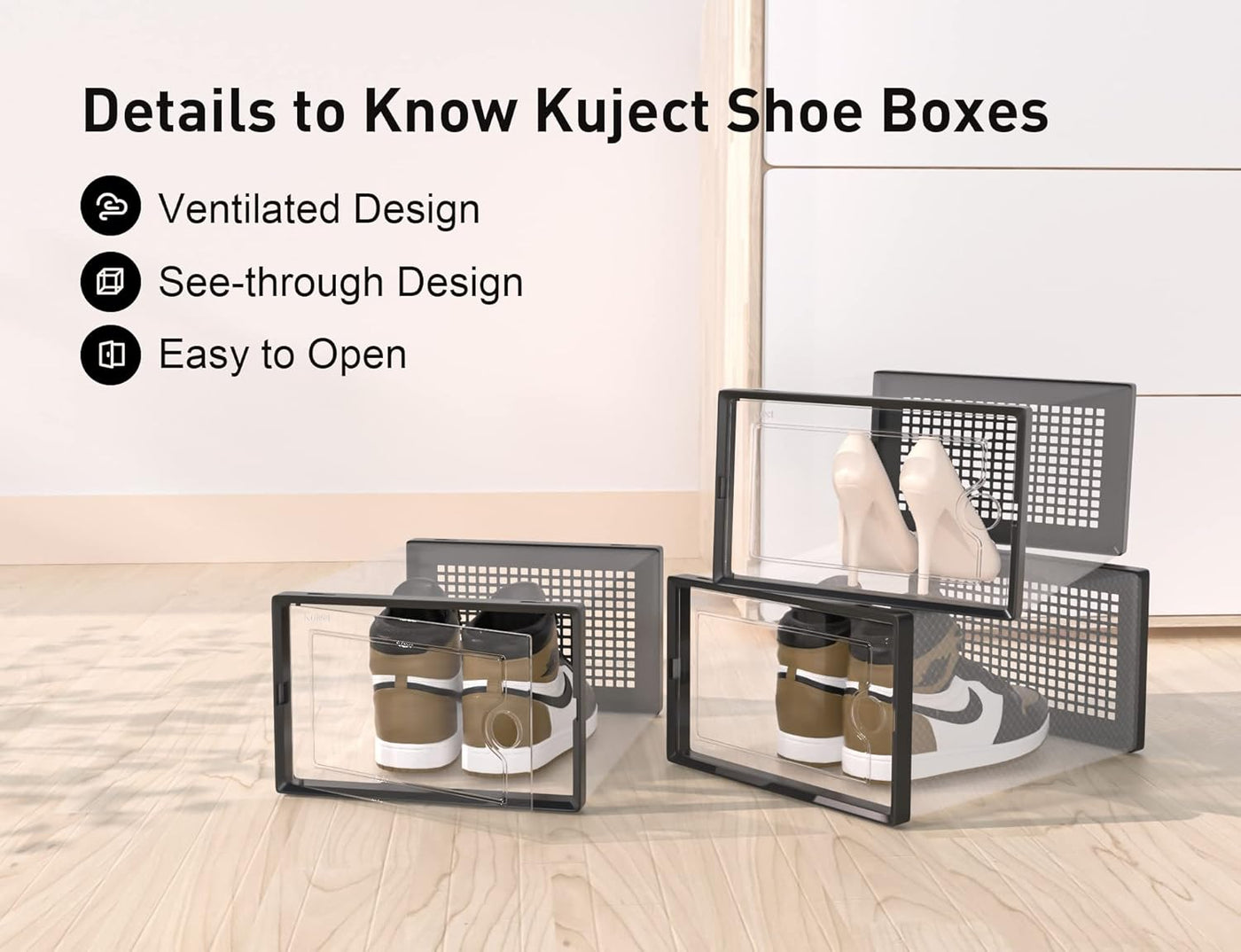 Kuject 12-Pack Clear Stackable Shoe Boxes, Fit Size 12, Space-Saving Organizer