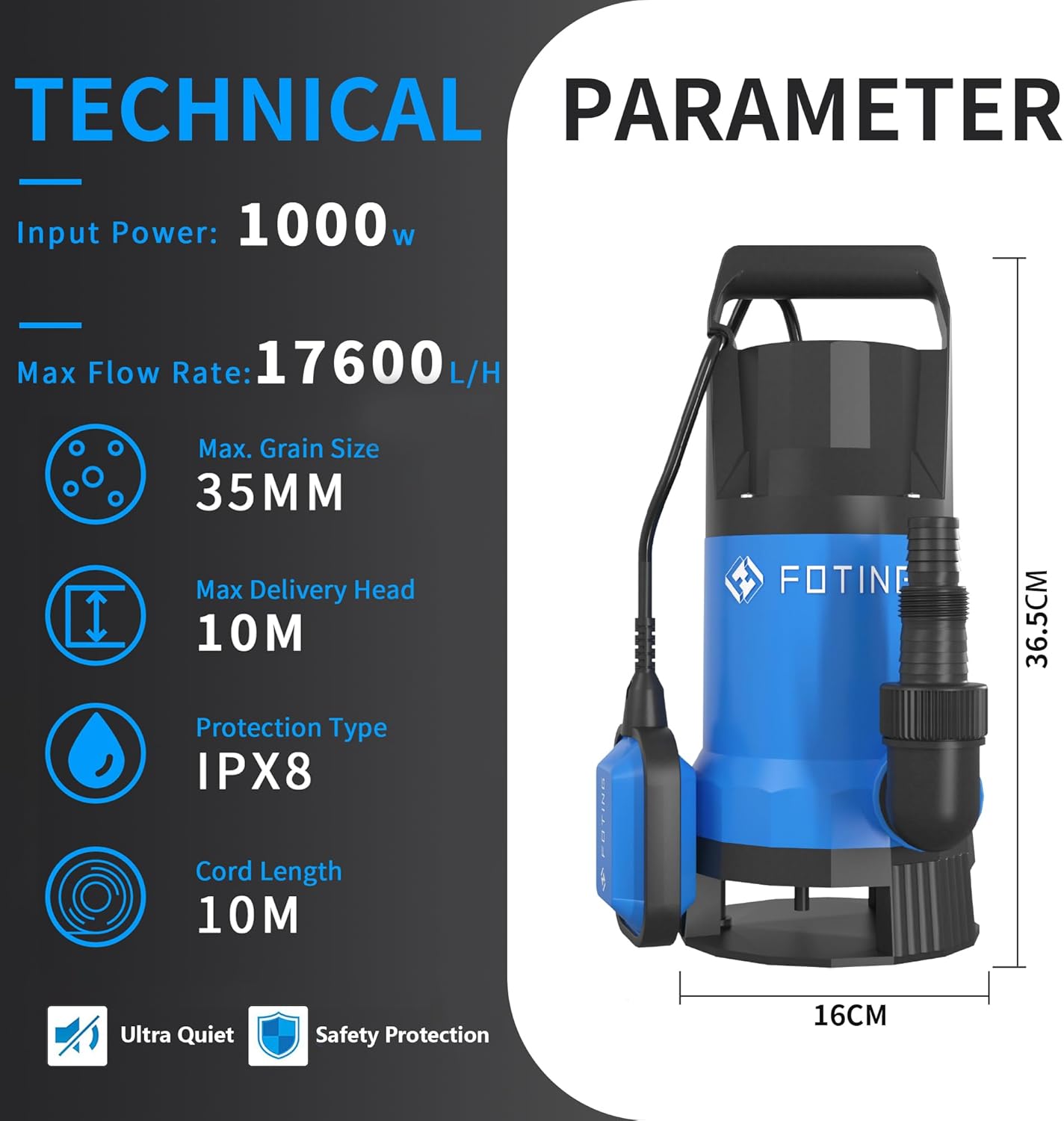 Submersible Water Pump 1000W 17600L/H Float Switch Sump Pump FOTING Electric