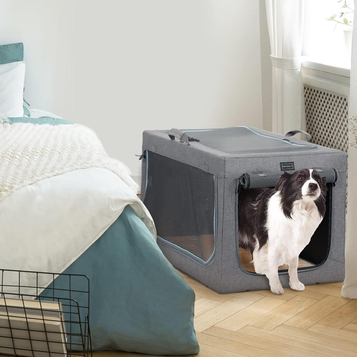 Portable Dog Crate 76x50x49cm Foldable Soft Pet Carrier Mesh Doors Grey Petsfit