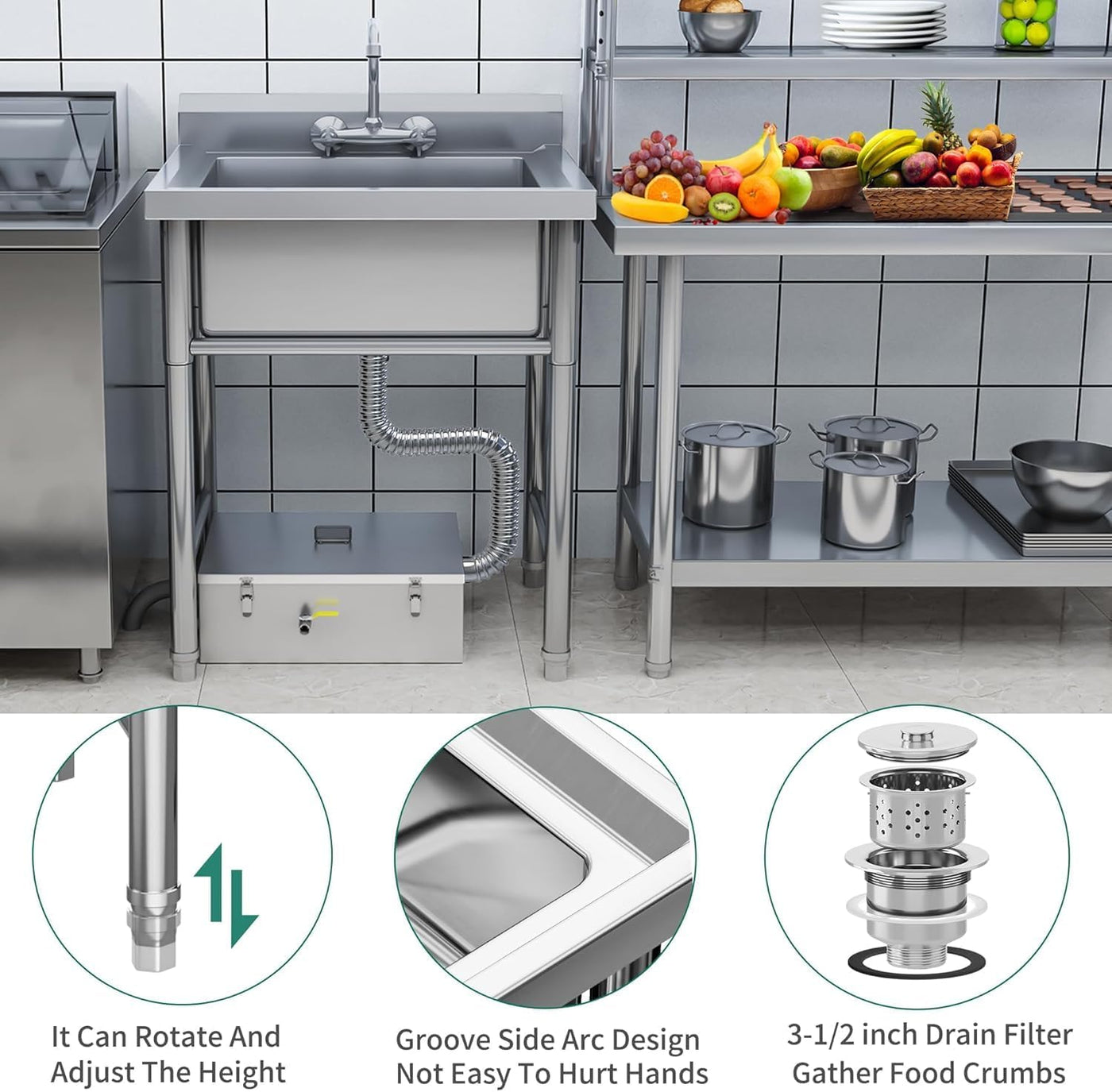 Commercial Kitchen Sink Stainless Steel Single Bowl Portable YITAHOME