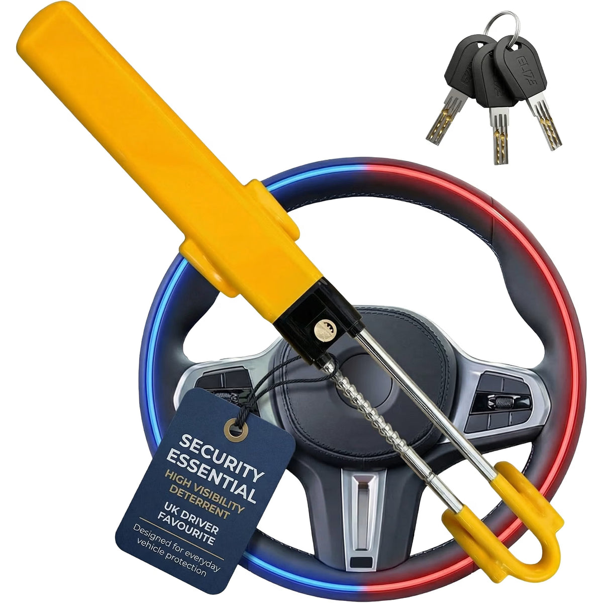 Steering Wheel Lock Twin Bar Anti Theft Universal Adjustable Yellow 3 Keys Car