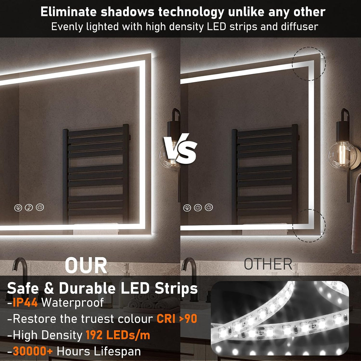 LED Bathroom Mirror 100x70cm Bluetooth Anti Fog Dimmable Frontlit Ratsamee