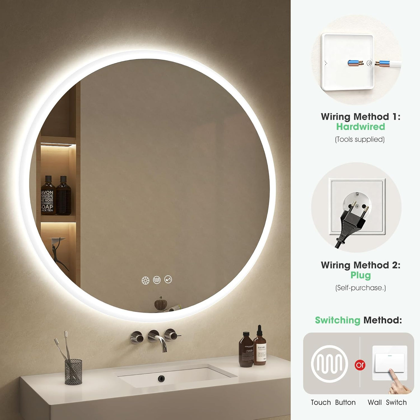 Round LED Bathroom Mirror 800mm Bluetooth Anti Fog Dimmable S'bagno