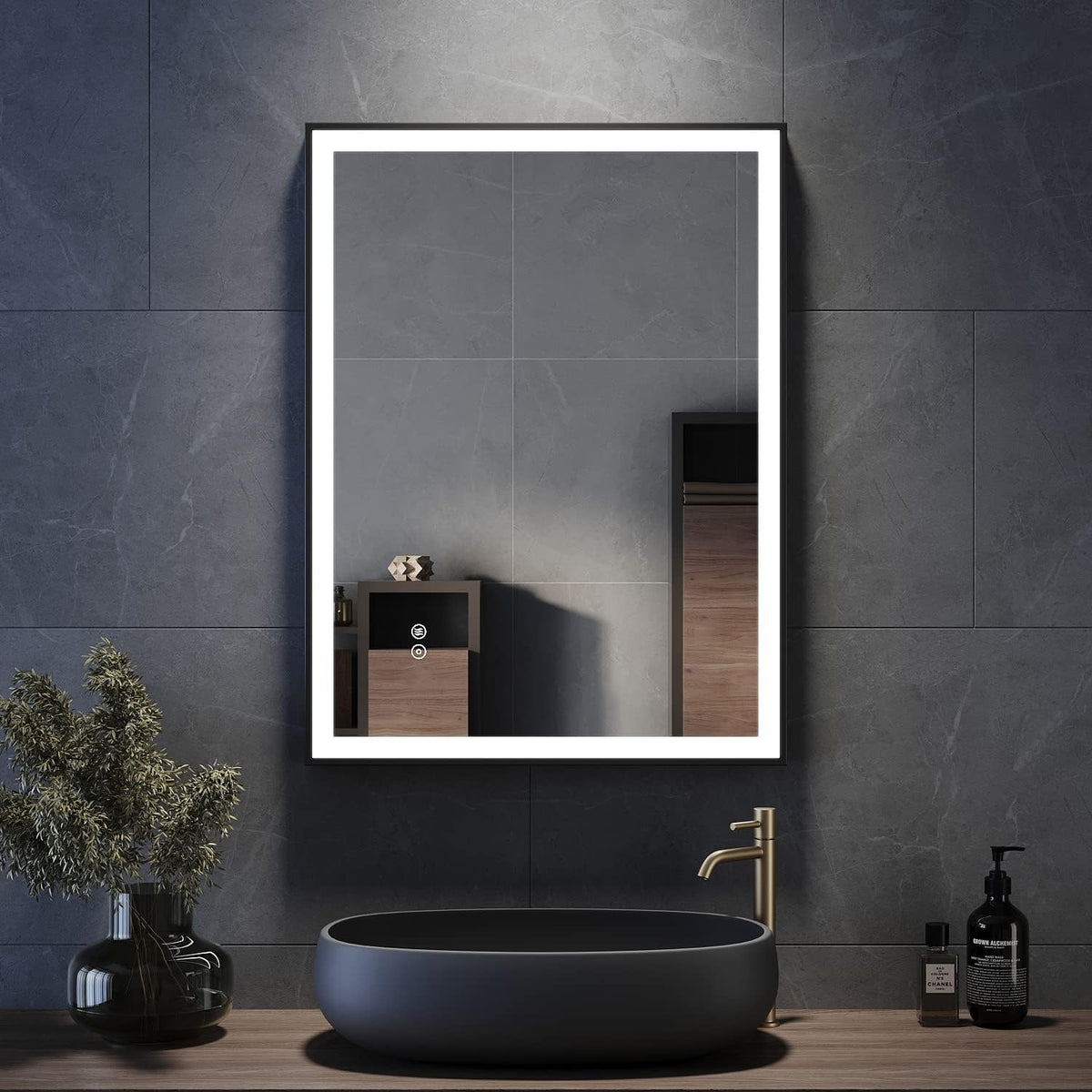 LED Bathroom Mirror 800x600mm Black Aluminium Frame Illuminated Vanity ELEGANT