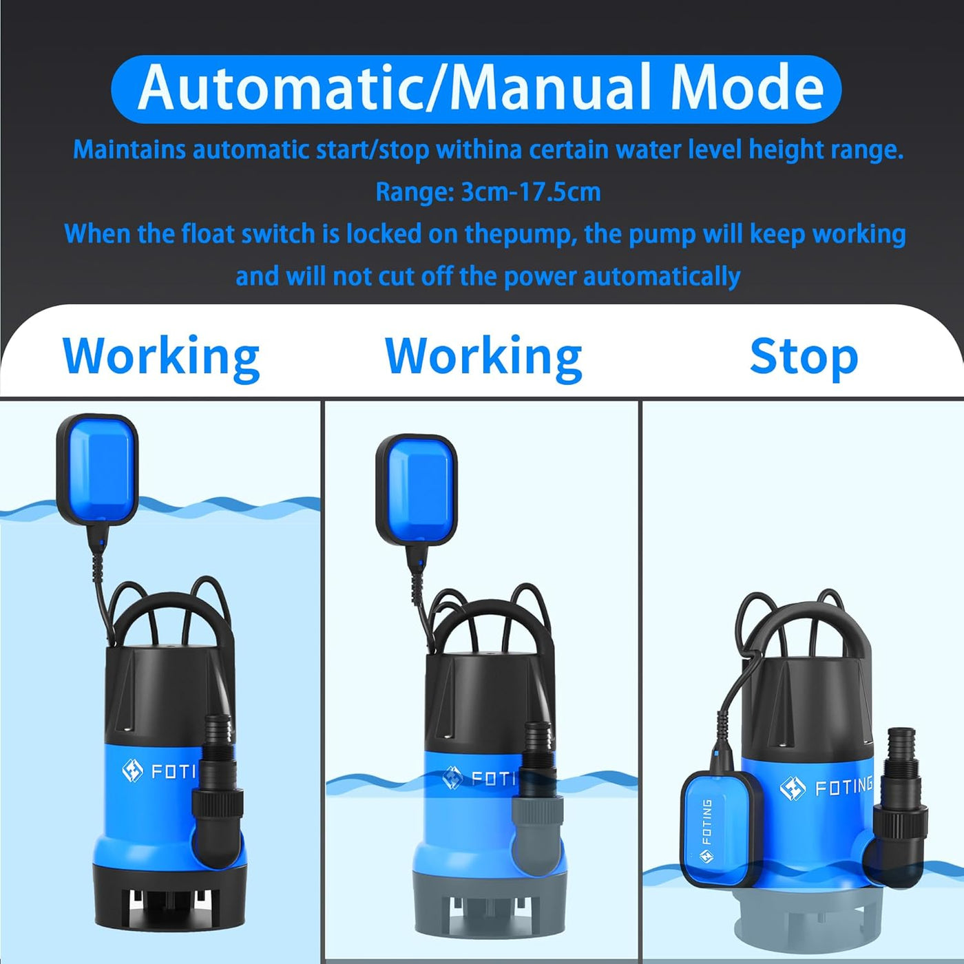 Submersible Water Pump 900W 14000L/H Float Switch Sump Pump FOTING Electric