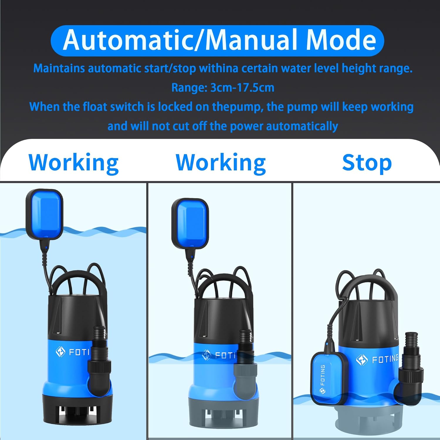 Submersible Water Pump 900W 14000L/H Float Switch Sump Pump FOTING Electric