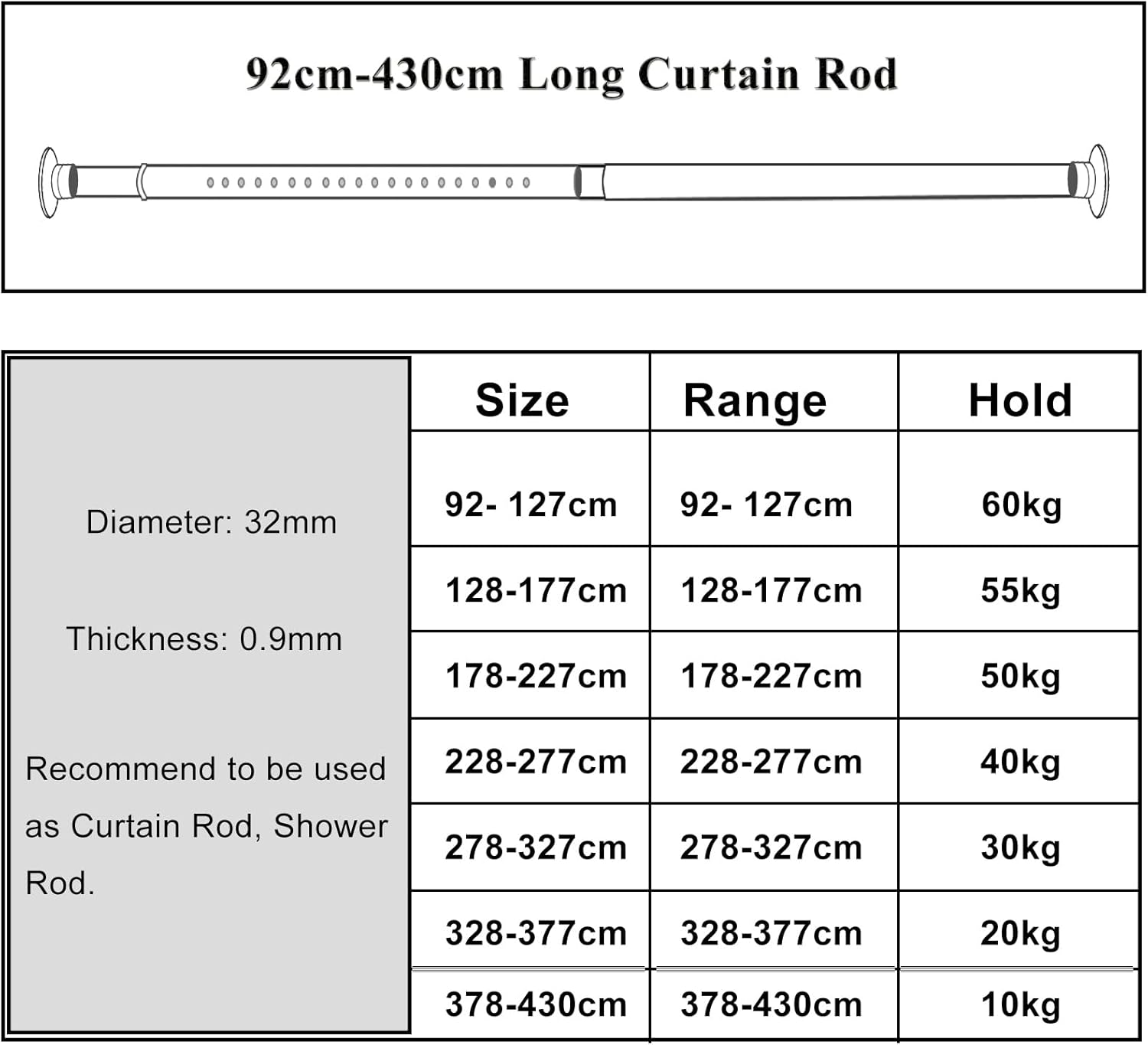 Tension Curtain Rod 378-430cm No Drill Extendable 32mm Heavy Duty Curtain Pole