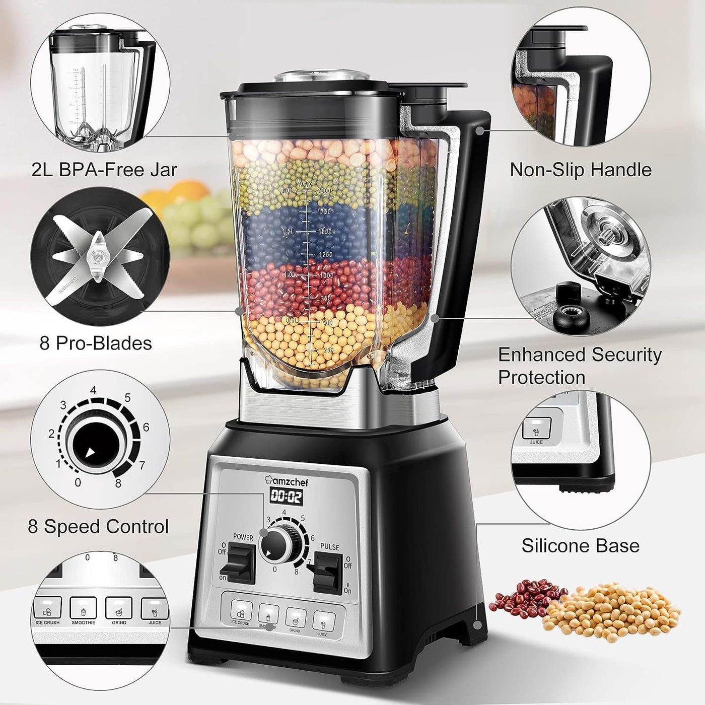 Commercial Blender 2000W 2L High Speed Smoothie Maker 25000RPM AMZCHEF