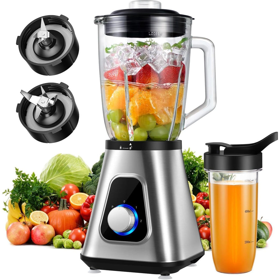 1200W Blender 2in1 Smoothie Maker 1.5L Glass Jug 650ml Travel Cup Silver GDOR