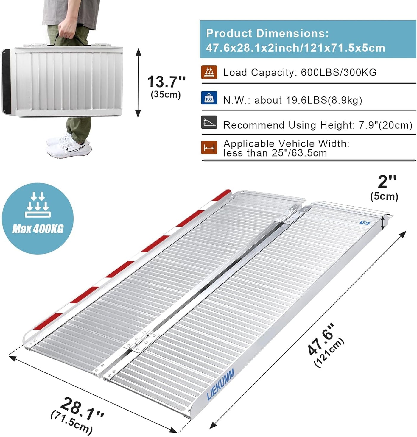 Wheelchair Ramp Folding 121x77cm Aluminium 300kg Capacity Portable LIEKUMM