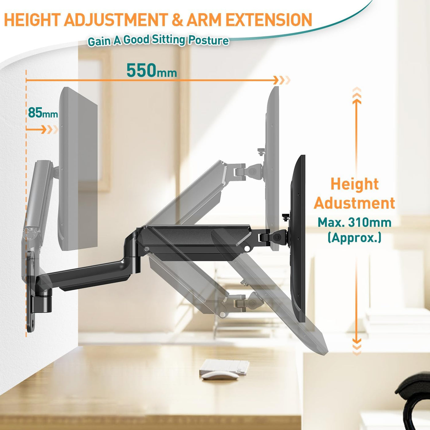 Monitor Arm Wall Mount 35 Inch Gas Spring Heavy Duty VESA 75 100 200 ELIVED