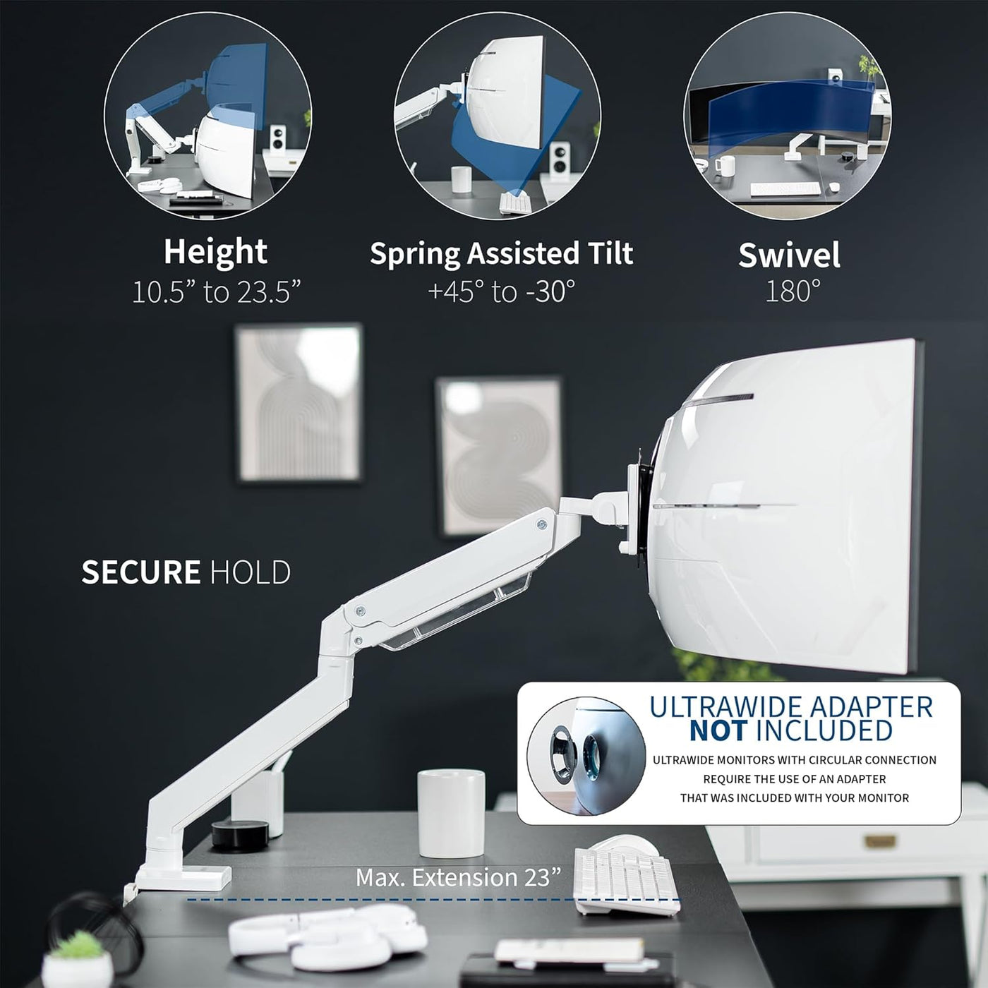 Ultrawide Monitor Arm 49 Inch Heavy Duty Pneumatic White VIVO