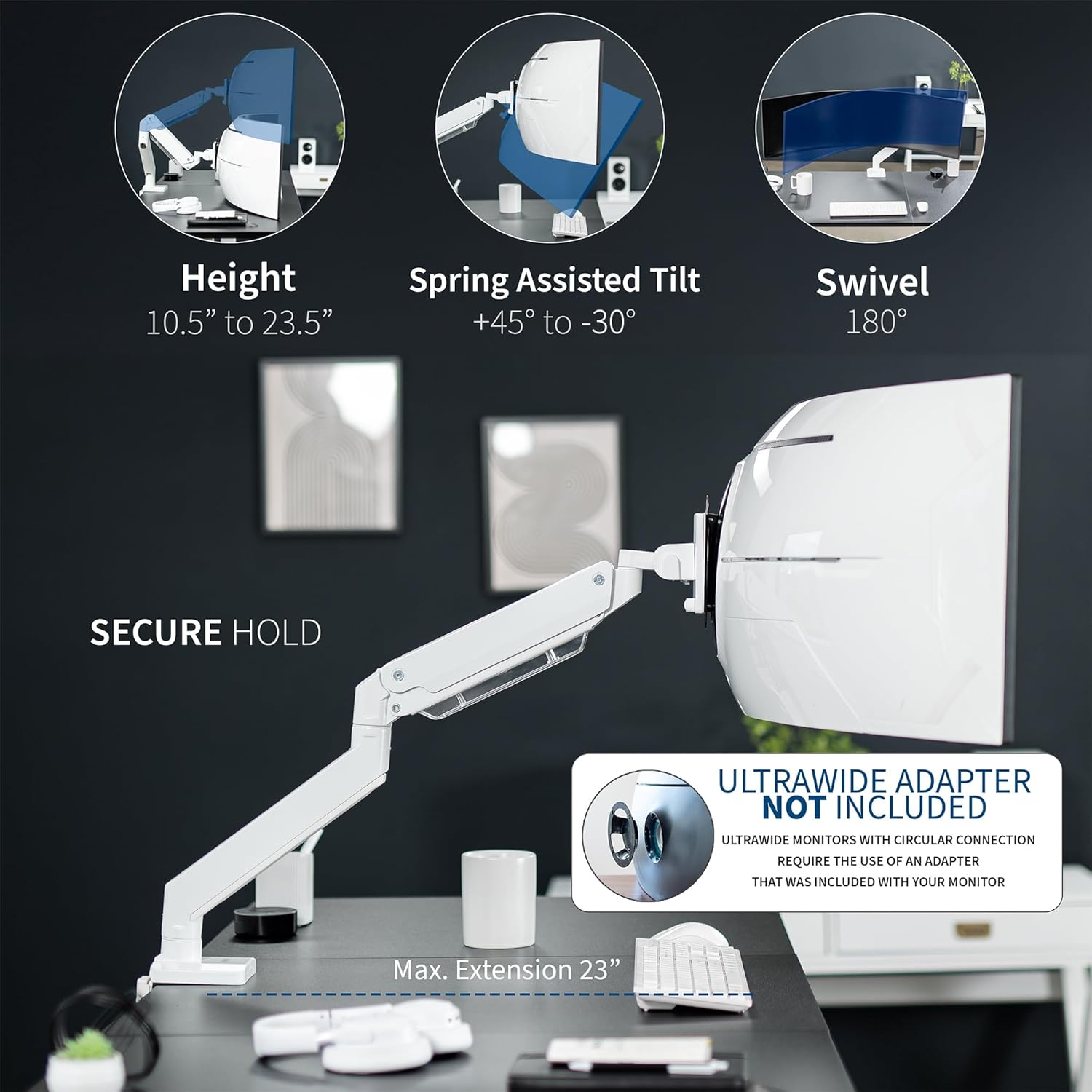 Ultrawide Monitor Arm 49 Inch Heavy Duty Pneumatic White VIVO