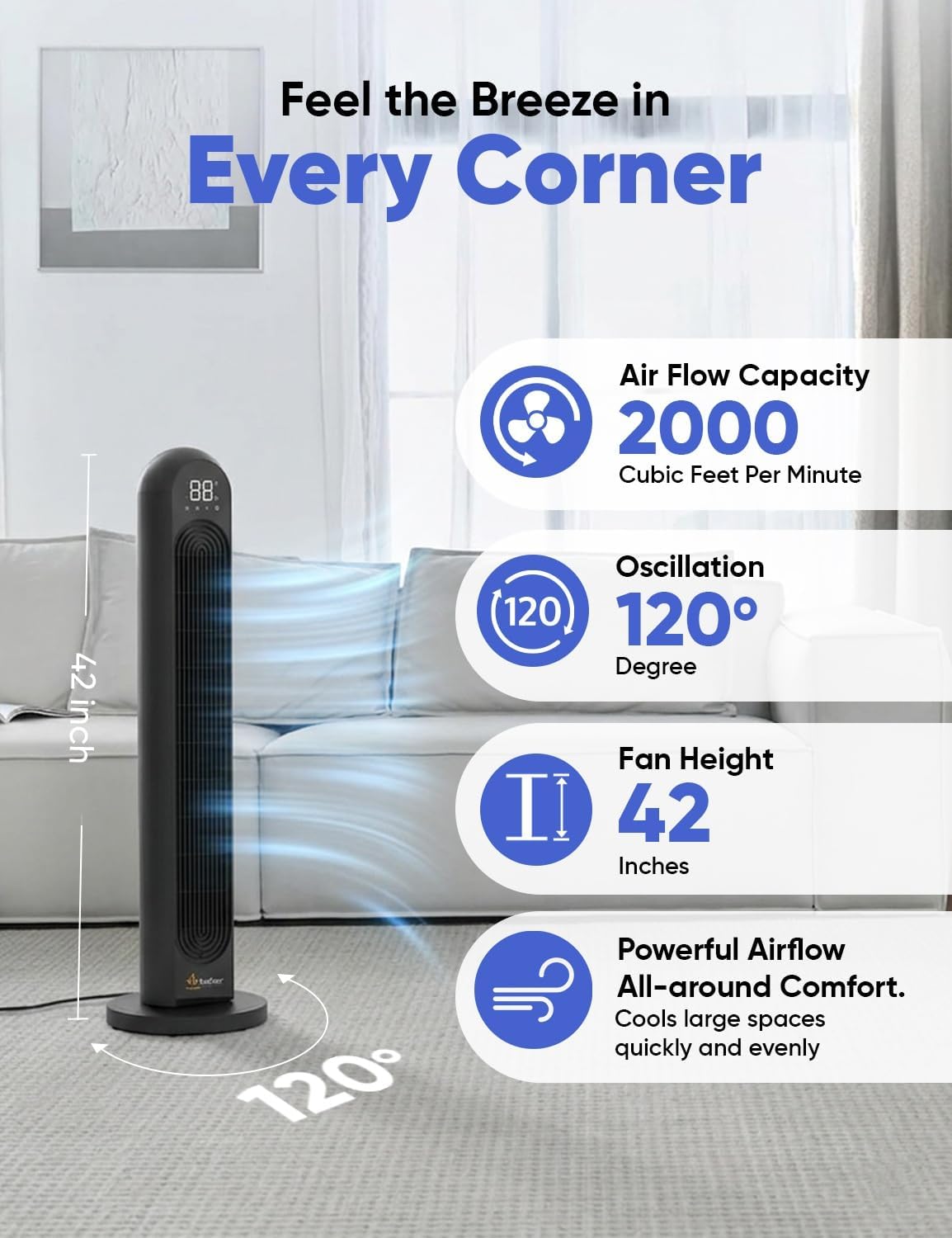 Smart Tower Fan 42 Inch WiFi Alexa Control Remote Quiet Cooling EcoNour Home Fan