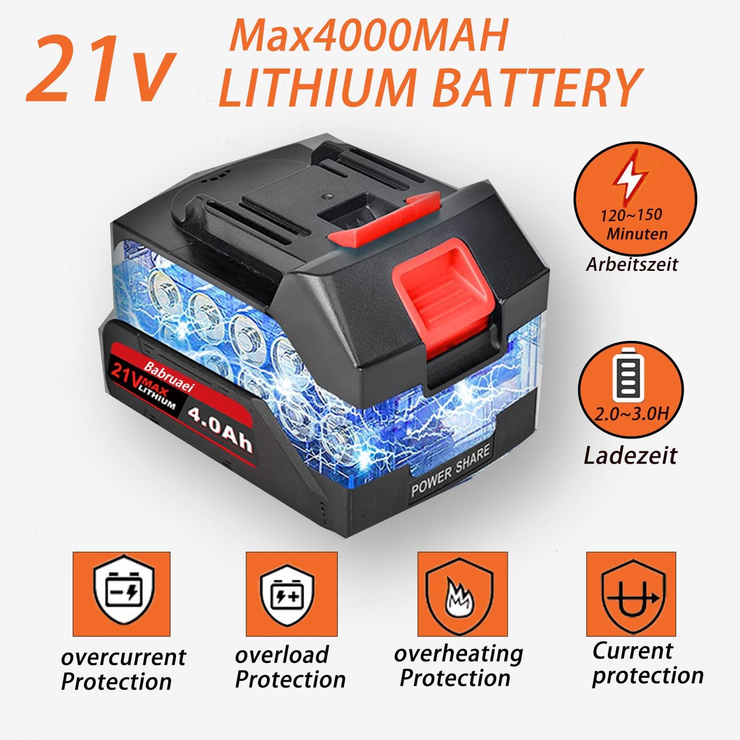 Lithium battery with specifications and features on a white background