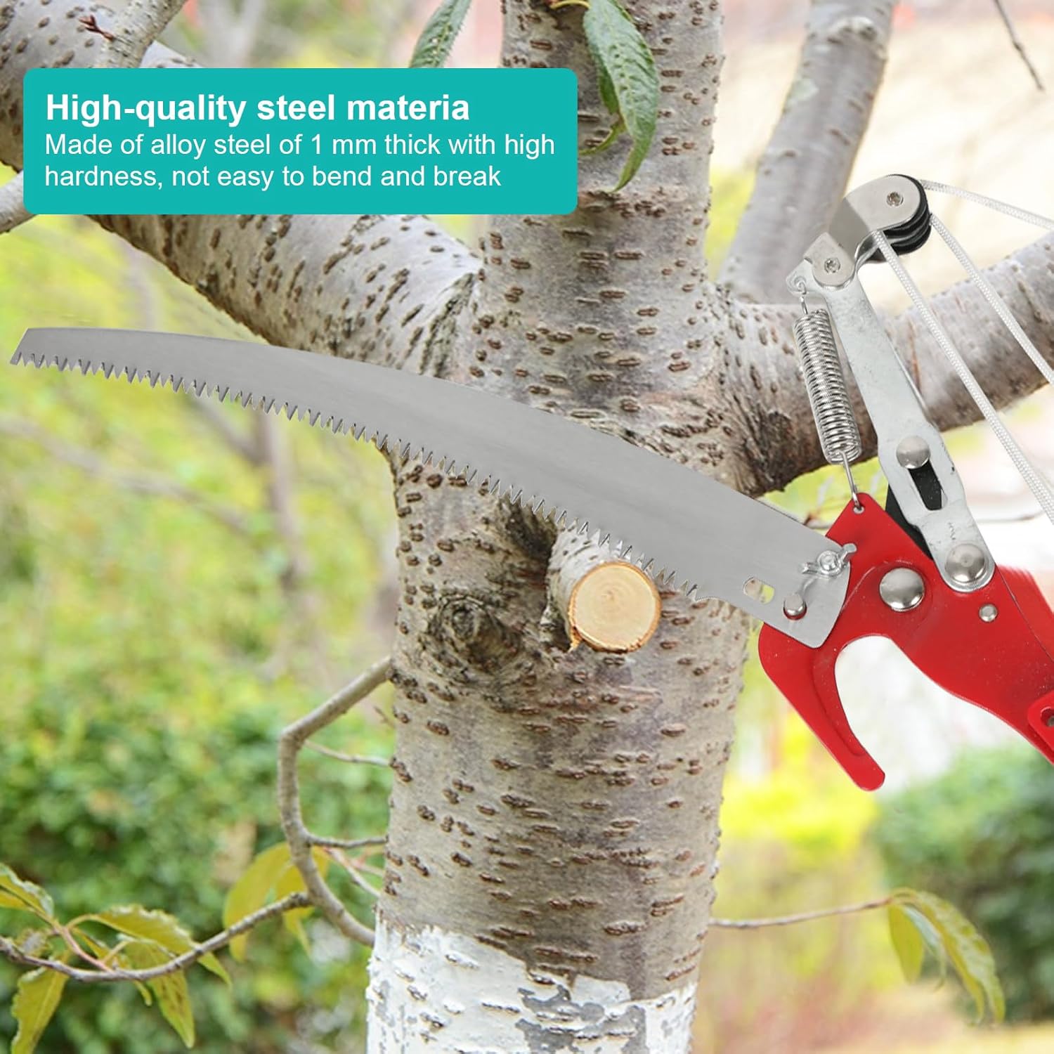 Pruning shear cutting a branch with a green label about material quality.