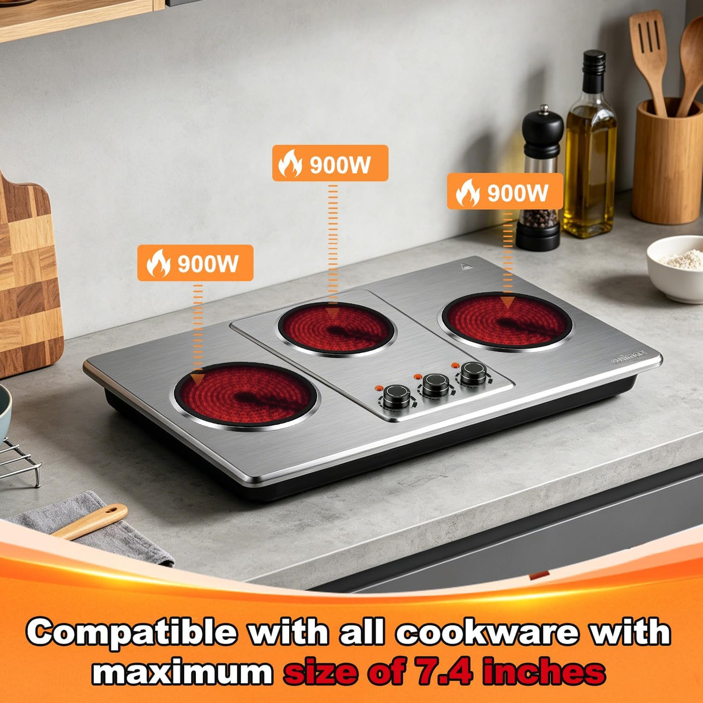 Electric Hob 2700W Infrared Triple Burner Portable Hot Plates Cooking CUSIMAX