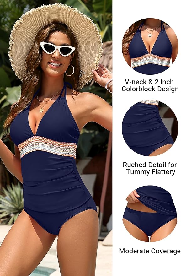 Kate Kasin Women Swimsuit Two Piece Bathing Suit Tummy Control Size M Navy