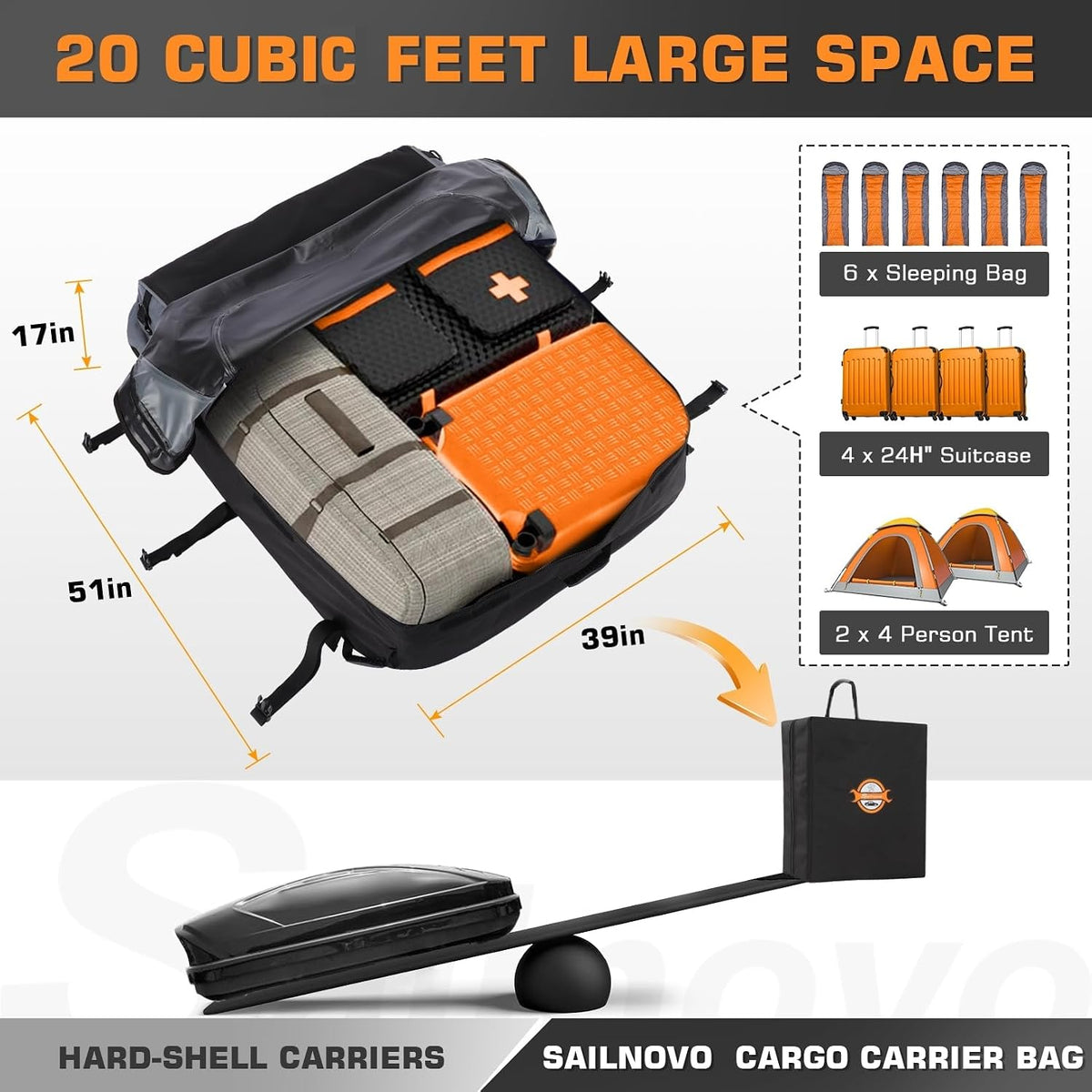 Car Roof Bag 20 Cu Ft Waterproof Cargo Carrier Door Hooks Sailnovo Rooftop Travel