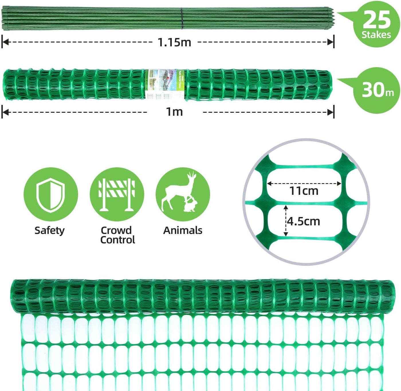 Barrier Fencing Mesh 1m x 30m Heavy Duty Garden Fence with Pins Green Ohuhu