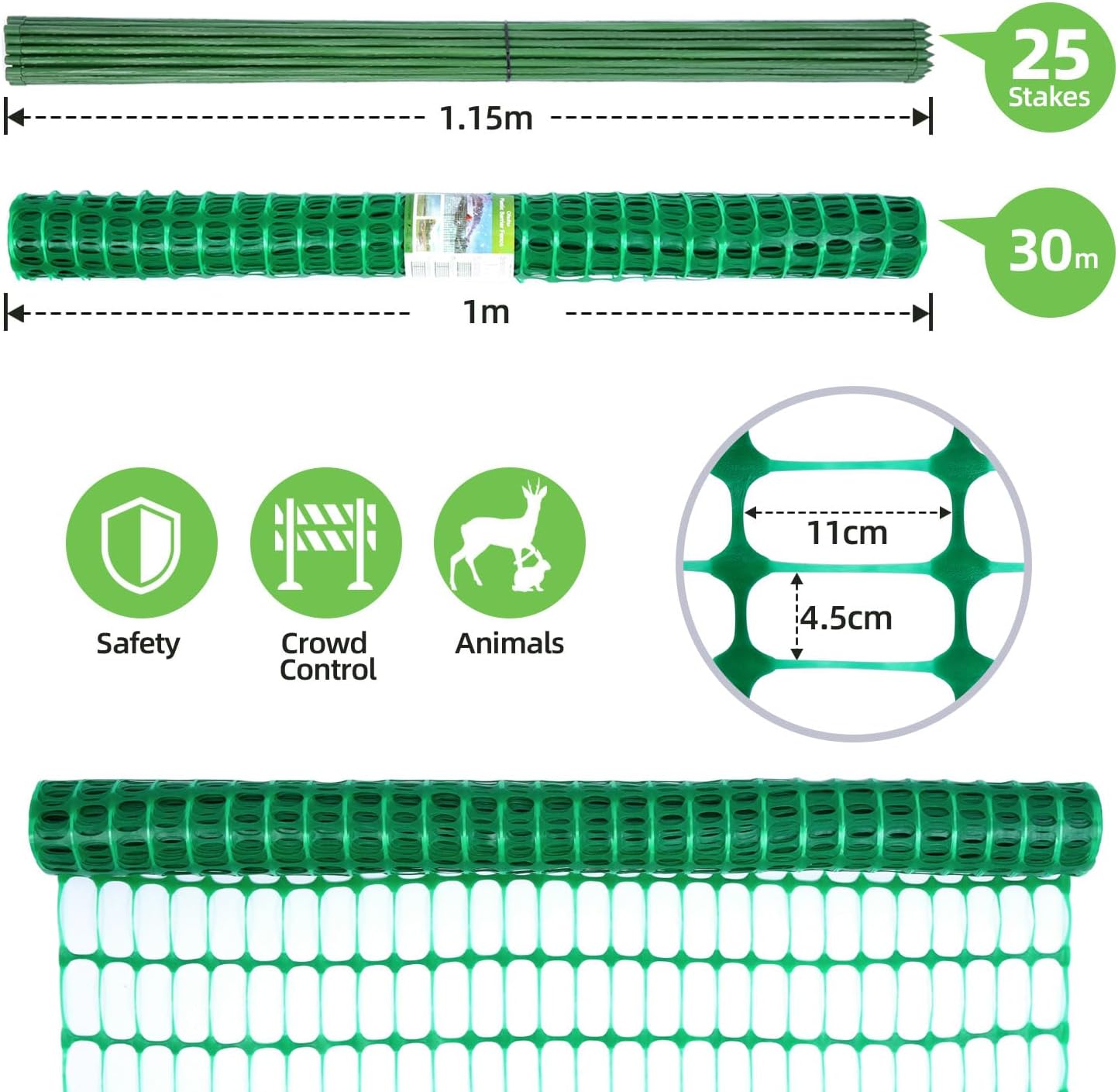 Barrier Fencing Mesh 1m x 30m Heavy Duty Garden Fence with Pins Green Ohuhu
