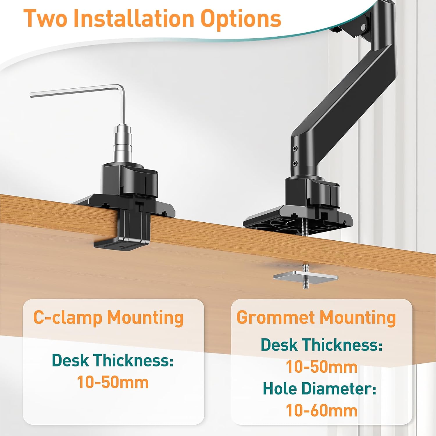 Two installation options for a monitor arm with C-clamp and grommet mounting on a desk.