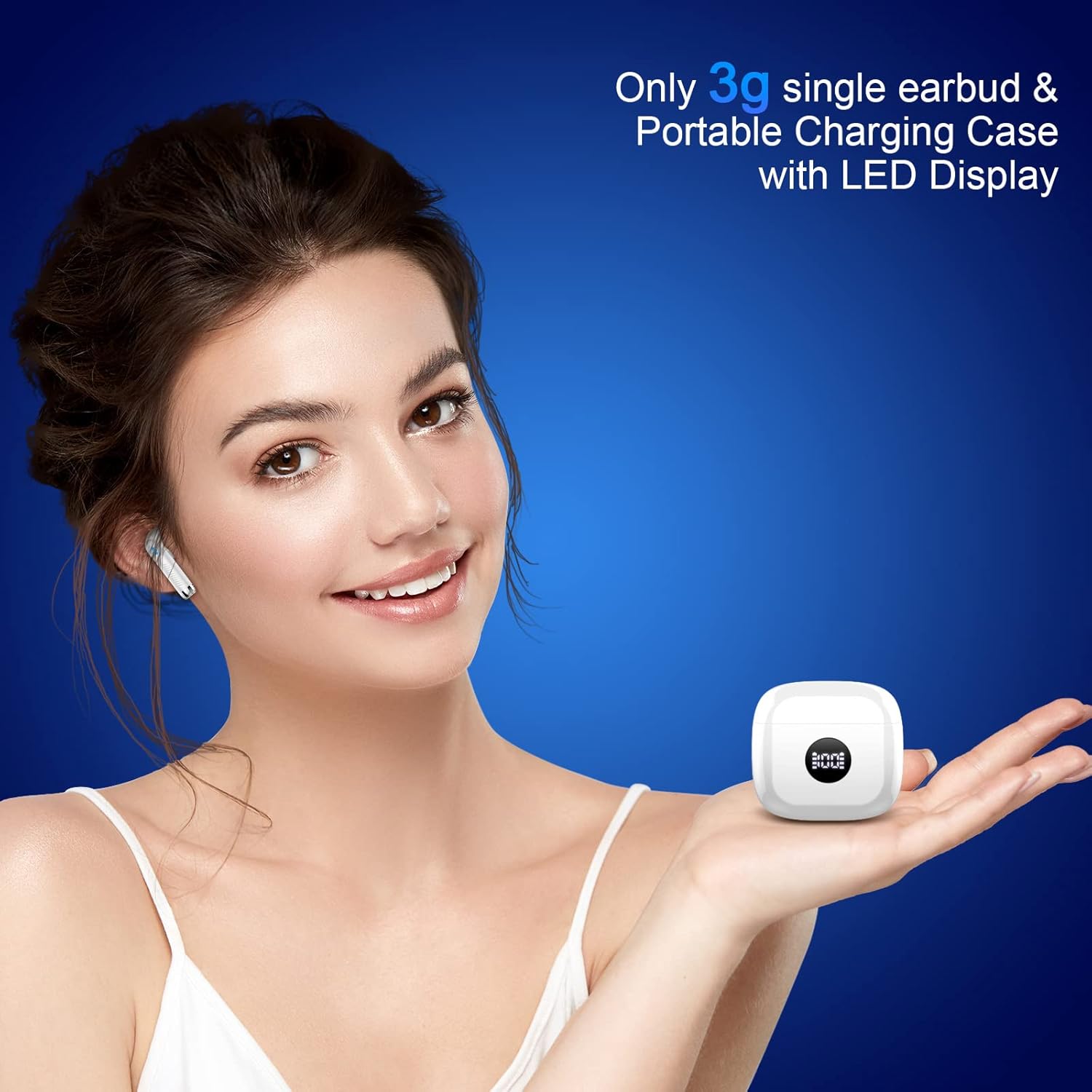 Woman holding a white earbud and charging case with LED display against a blue background
