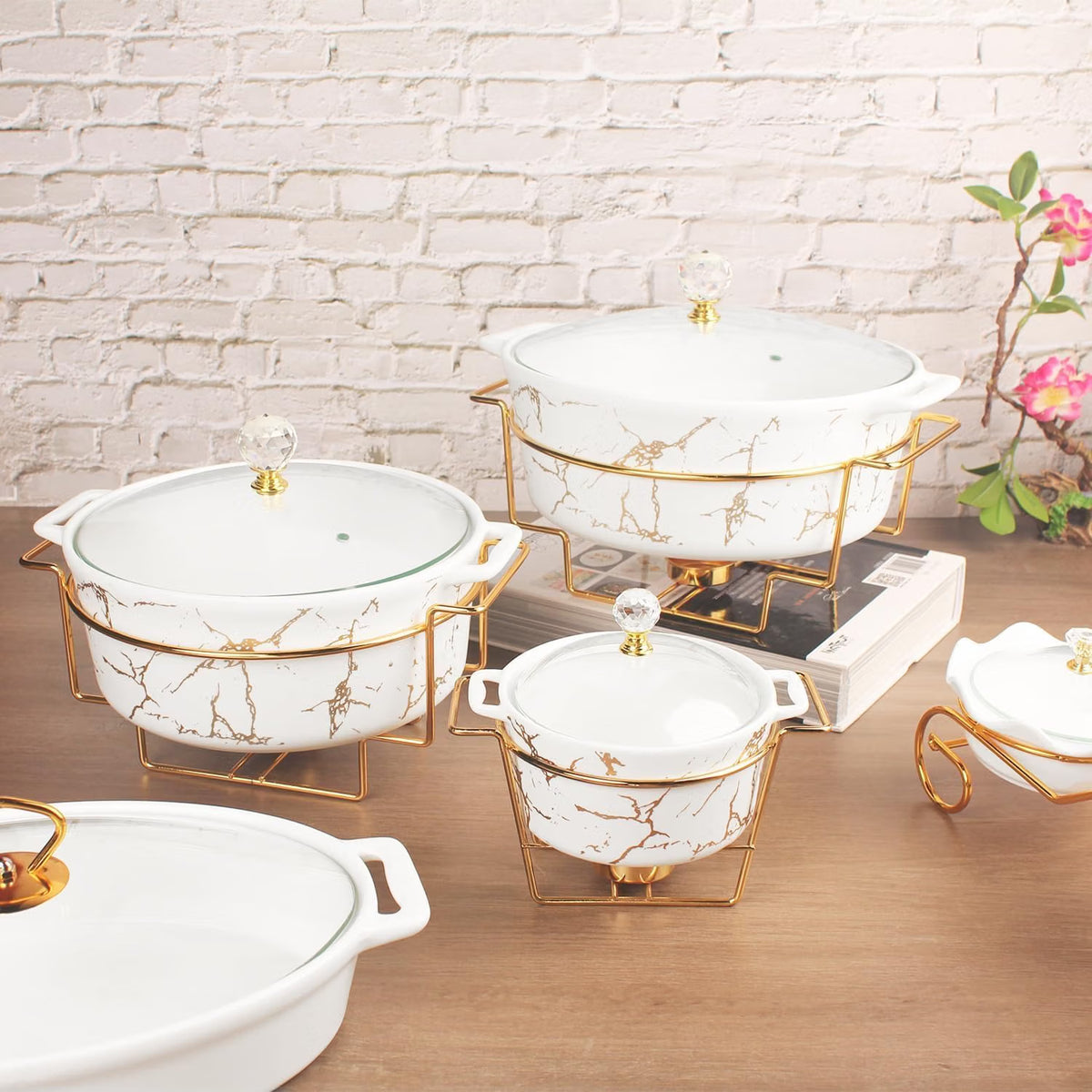 Porcelain Serving Tureen 2500ml Casserole Dish Glass Lid Rack Buffet Chafing Set