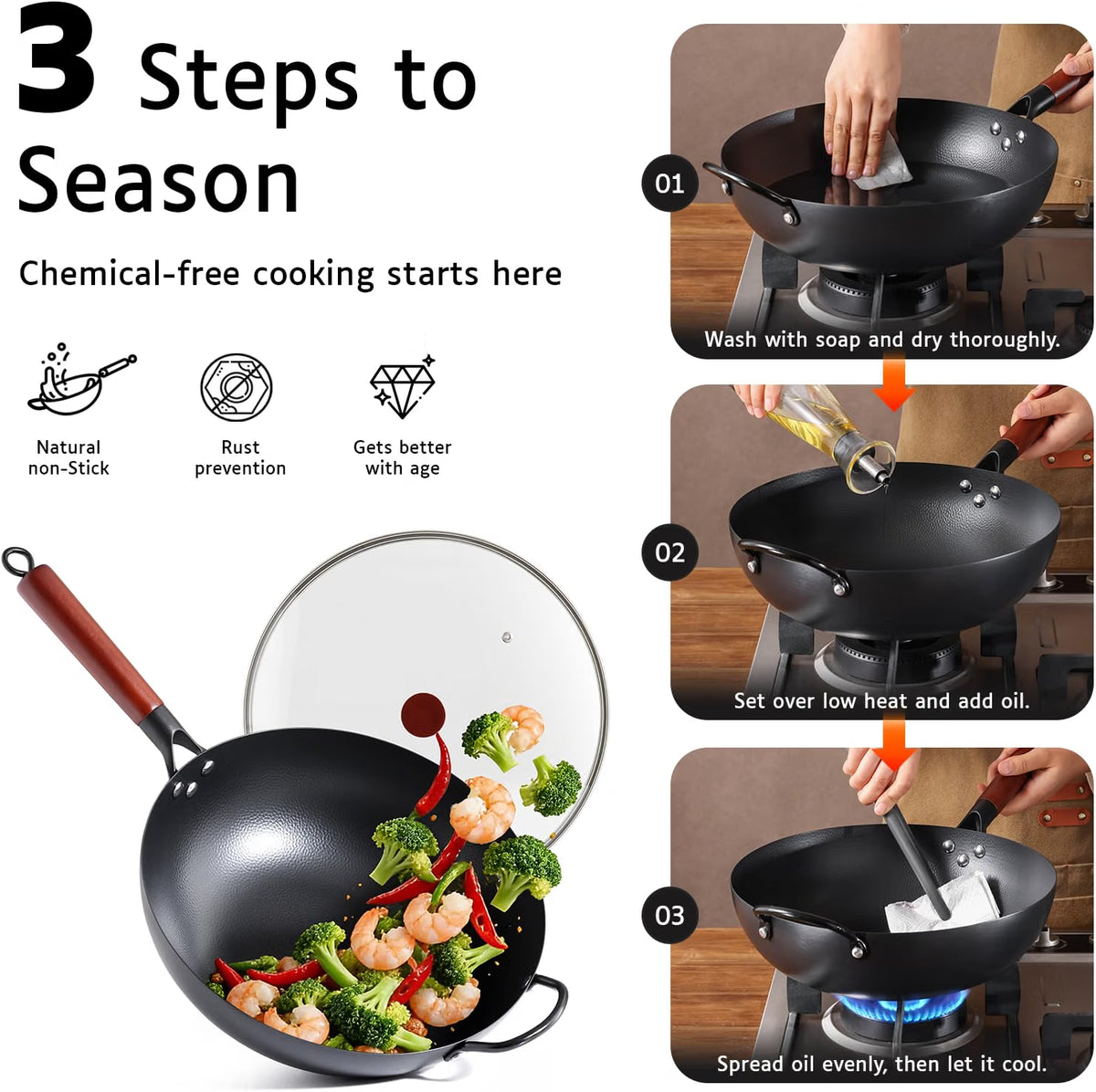 Carbon Steel Wok 32cm Pre Seasoned Uncoated Cooking Pan with Lid Kordisen Kitchen