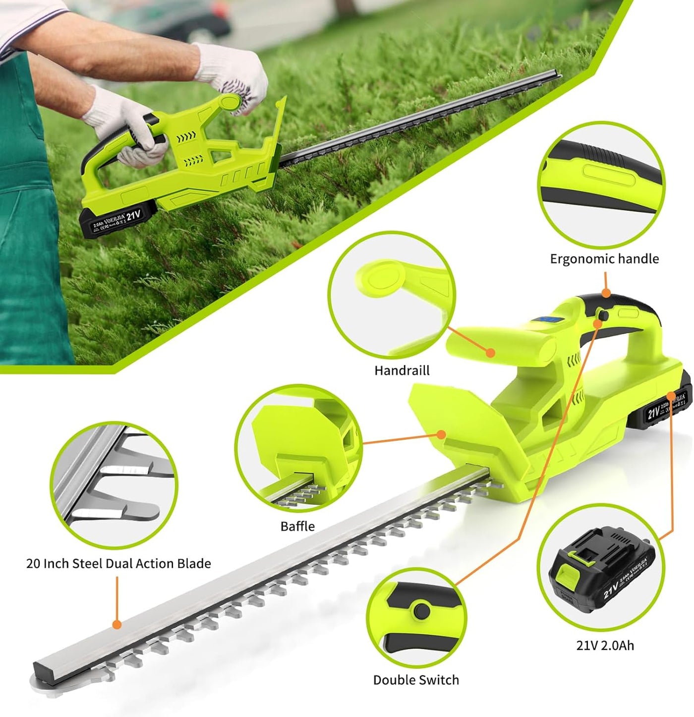 Cordless Hedge Trimmer 21V 50cm Dual Blade 2 Battery 750W VOERJIA