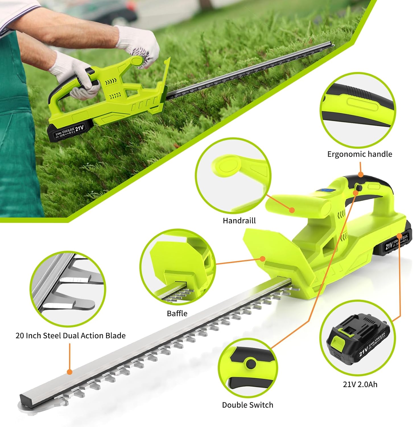 Cordless Hedge Trimmer 21V 50cm Dual Blade 2 Battery 750W VOERJIA