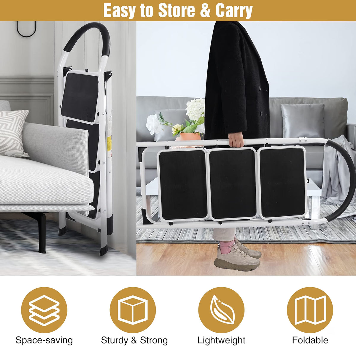 Folding 3 Step Ladder with Handrail,Heavy Duty Kitchen Steps 330lbs REDCAMP