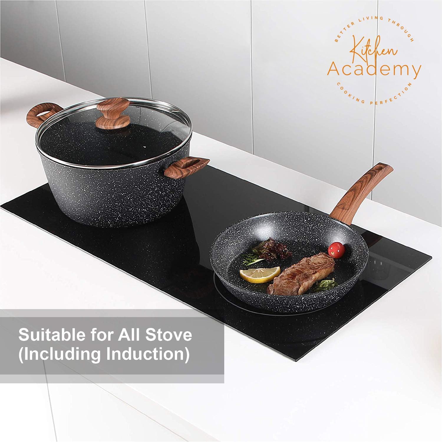 Kitchen Academy 12 Pcs Induction Hob Cookware Set, Non-Stick Black Granite Pans