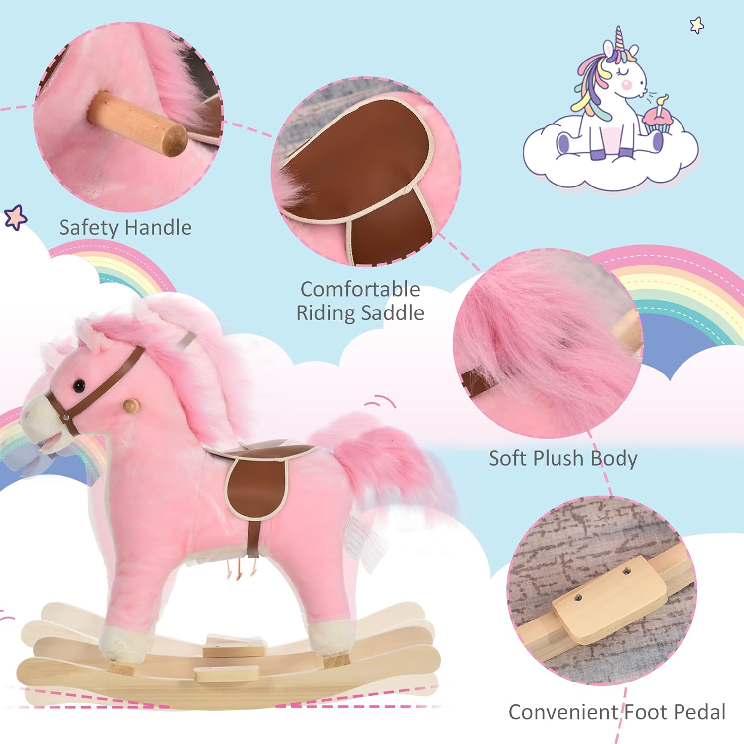 Kids Rocking Horse Plush Ride On Toy Sound Moving Mouth 3-6 years HOMCOM