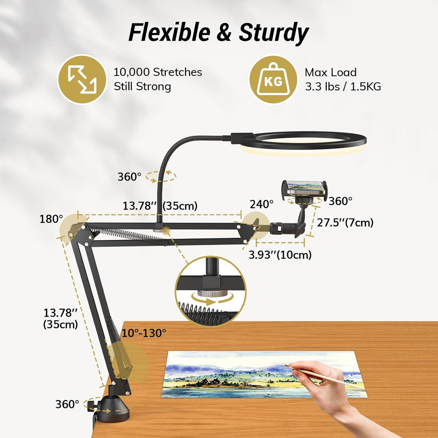 Overhead Ring Light 10 Inch Boom Arm Phone Holder Video Streaming TONOR Kit