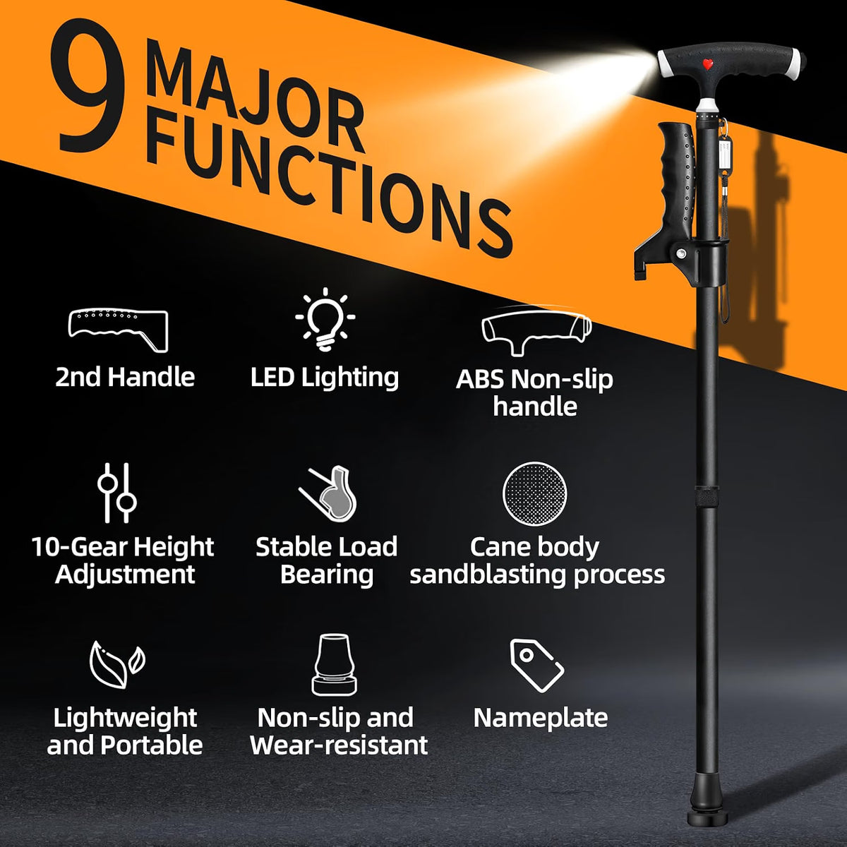 Adjustable Walking Stick Light 2nd Handle Extra Support Seniors Men Women Cane