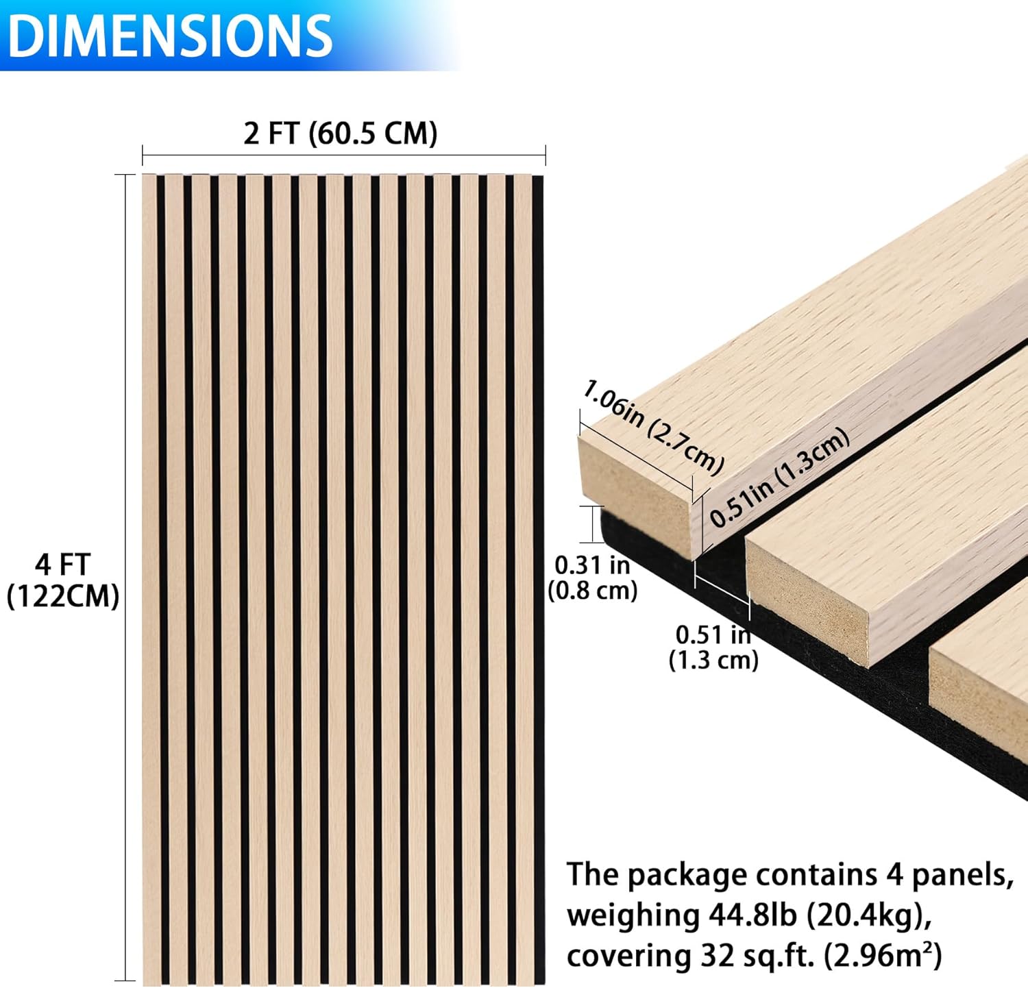 3D Slat Acoustic Wall Panels 2 Pack 122x60cm Wood Sound Absorbing Decor